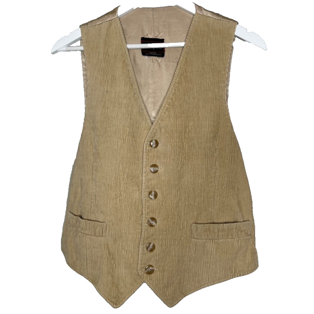 Trumpeter Mens Corduroy Vest Tan Medium Vtg Back Belt Silk Cotton Western Preppy